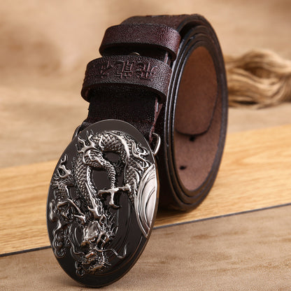 Black Buckle - Coffee / 100 cm Handmade Leather Belt for Men - Chinese Dragon Design - skyjackerz