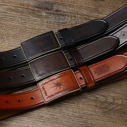 Black / 100 cm Men's Retro Smooth Buckle Genuine Leather Belt - skyjackerz