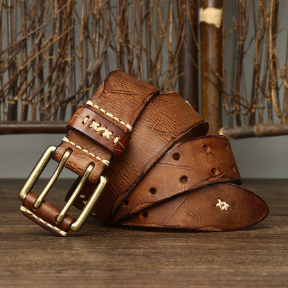 Khaki / 105 cm Men's Exquisite Brass Buckle Leather Belt - skyjackerz