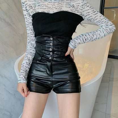 Women High Waist Leather Short Pants - skyjackerz