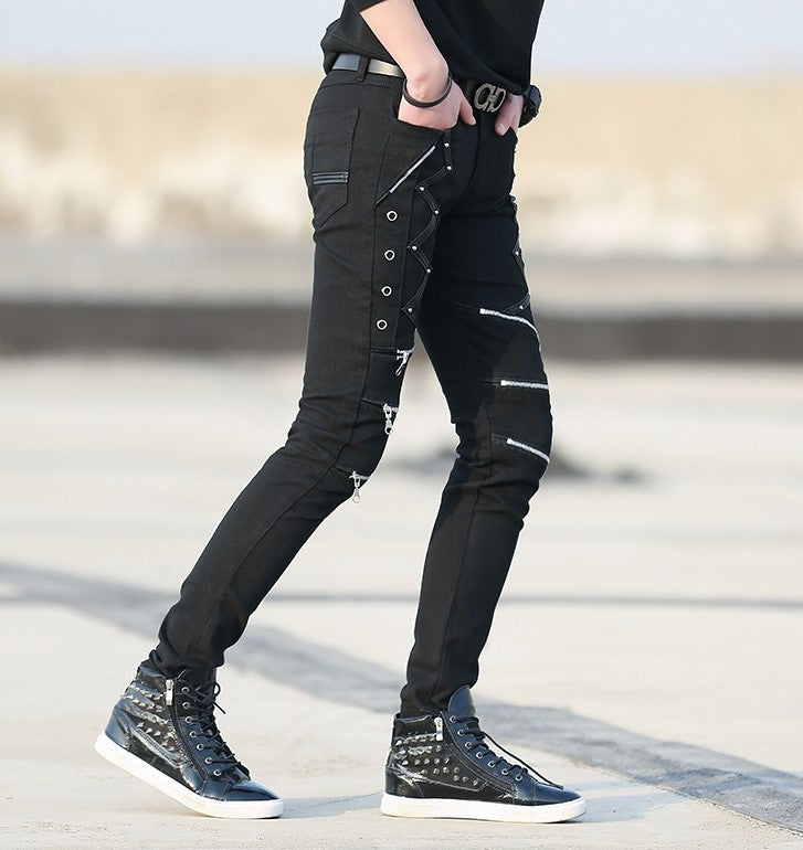 Men's Black Patchwork Leather Jeans - skyjackerz