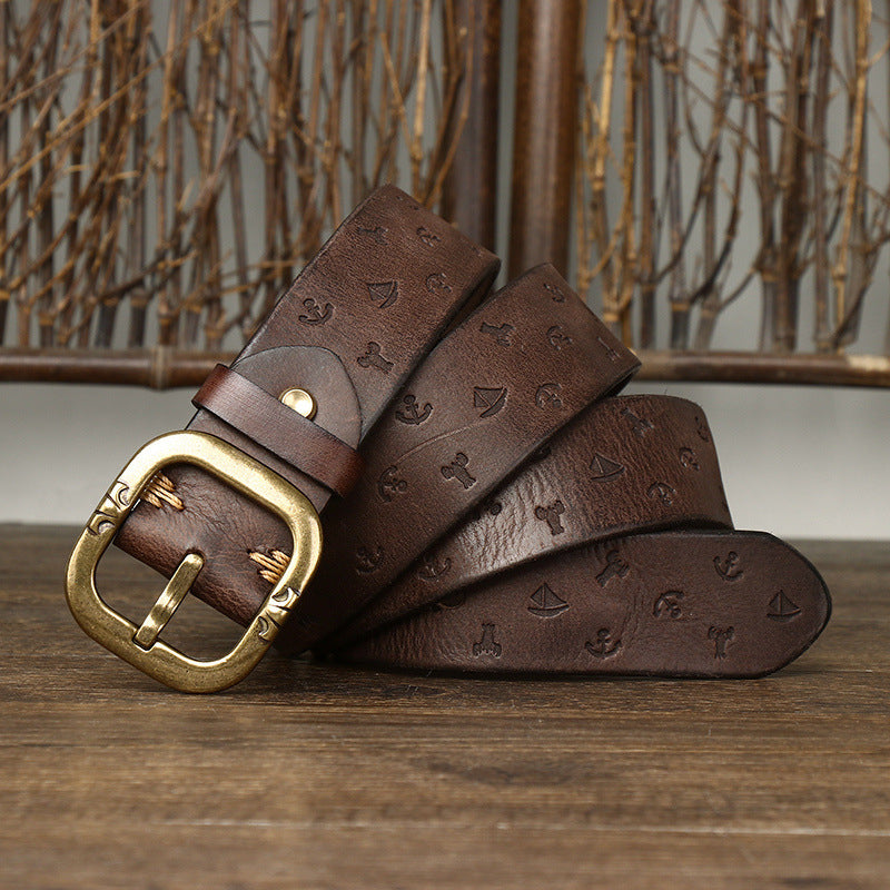 Black / 105 cm Men's Embossed Designer Leather Belt - skyjackerz