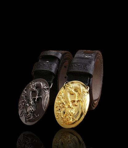 Black Buckle - Black / 100 cm Handmade Leather Belt for Men - Chinese Dragon Design - skyjackerz
