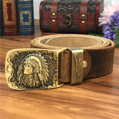 Yellow Brown / 95 cm Men's Cowboy Leather Belt with Brass Chief Buckle - skyjackerz