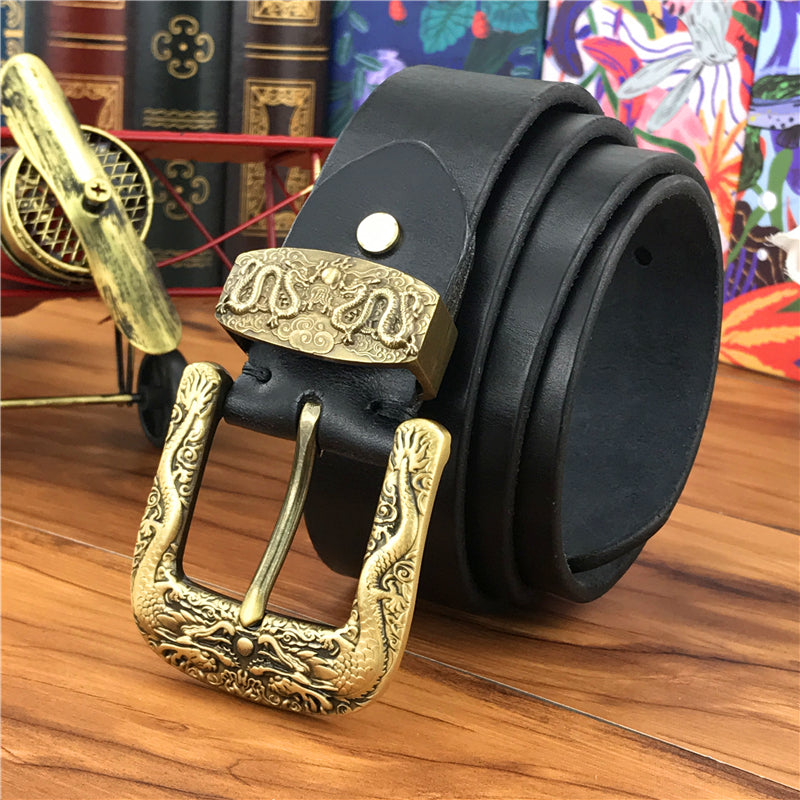 Black / 95 cm Chinese Dragon Brass Buckle Leather Belt For Men - skyjackerz