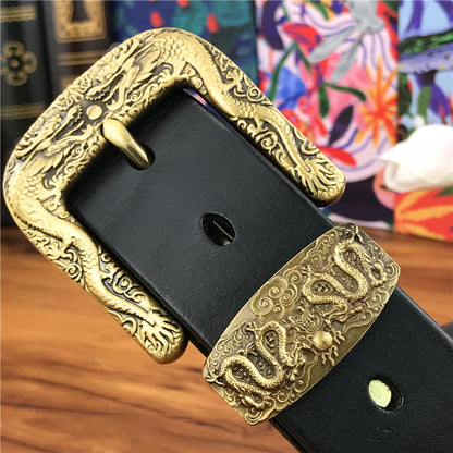 Black / 95 cm Men's Brass Buckle Leather Belt - Chinese Dragon Design - skyjackerz