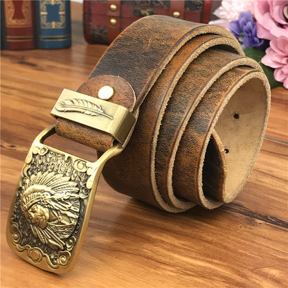Yellow Brown / 95 cm Men's Cowboy Leather Belt with Brass Chief Buckle - skyjackerz