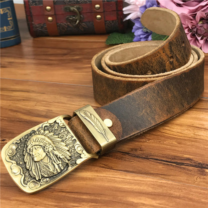 Yellow Brown / 95 cm Men's Cowboy Leather Belt with Brass Chief Buckle - skyjackerz