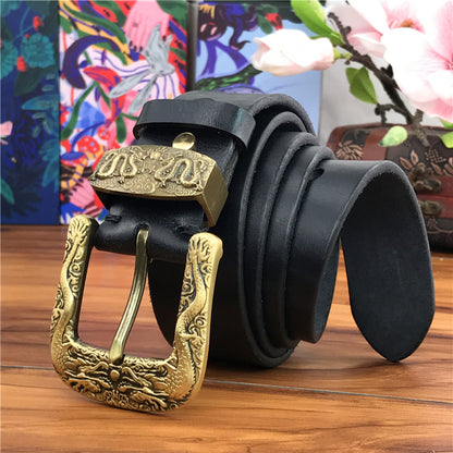 Black / 95 cm Men's Brass Buckle Leather Belt - Chinese Dragon Design - skyjackerz