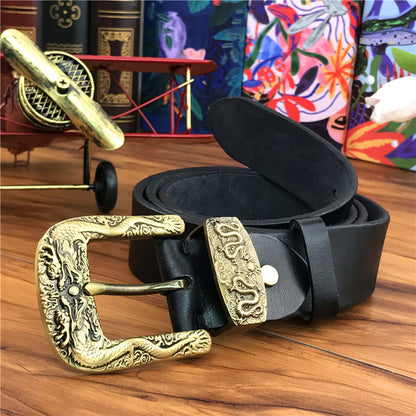 Black / 95 cm Men's Brass Buckle Leather Belt - Chinese Dragon Design - skyjackerz