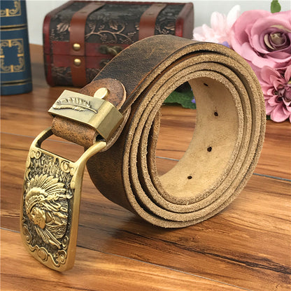 Yellow Brown / 95 cm Men's Cowboy Leather Belt with Brass Chief Buckle - skyjackerz
