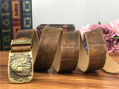 Yellow Brown / 95 cm Men's Cowboy Leather Belt with Brass Chief Buckle - skyjackerz
