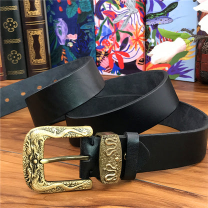 Black / 95 cm Men's Brass Buckle Leather Belt - Chinese Dragon Design - skyjackerz