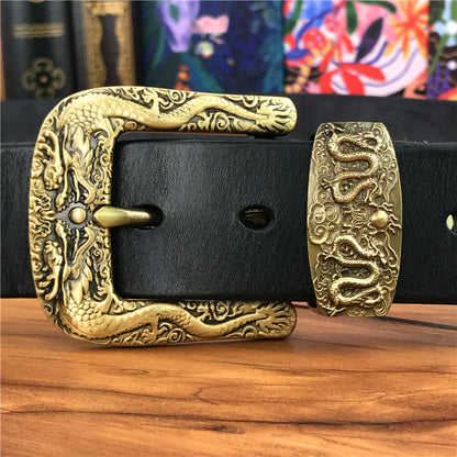 Black / 95 cm Men's Brass Buckle Leather Belt - Chinese Dragon Design - skyjackerz