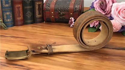 Yellow Brown / 105 cm Vintage Leather Belt for Men with Brass Owl Buckle - skyjackerz
