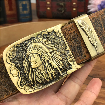 Yellow Brown / 95 cm Men's Cowboy Leather Belt with Brass Chief Buckle - skyjackerz