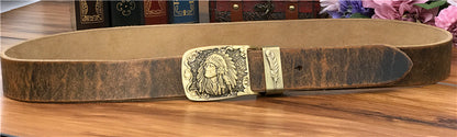 Yellow Brown / 95 cm Men's Cowboy Leather Belt with Brass Chief Buckle - skyjackerz
