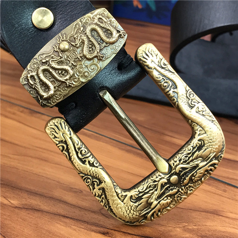 Chinese Dragon Brass Buckle Leather Belt For Men - skyjackerz