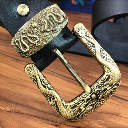 Black / 95 cm Men's Brass Buckle Leather Belt - Chinese Dragon Design - skyjackerz
