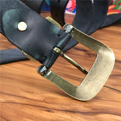 Black / 95 cm Men's Brass Buckle Leather Belt - Chinese Dragon Design - skyjackerz