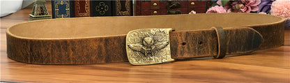 Yellow Brown / 105 cm Vintage Leather Belt for Men with Brass Owl Buckle - skyjackerz