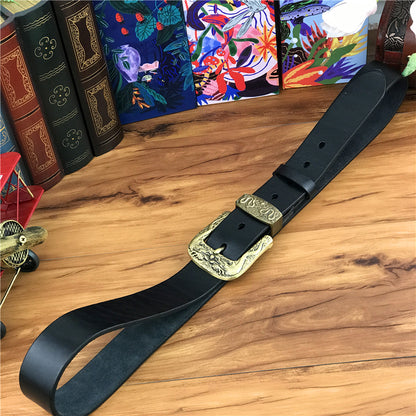 Black / 95 cm Men's Brass Buckle Leather Belt - Chinese Dragon Design - skyjackerz