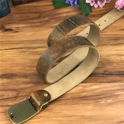 Yellow Brown / 95 cm Men's Cowboy Leather Belt with Brass Chief Buckle - skyjackerz