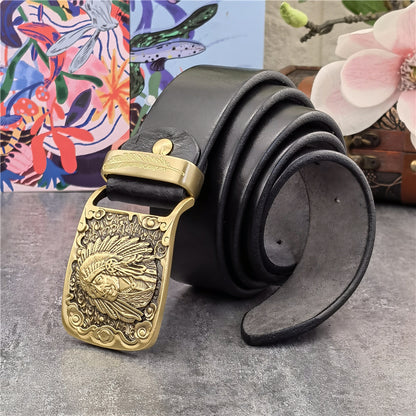 Black / 95 cm Men's Cowboy Leather Belt with Brass Chief Buckle - skyjackerz