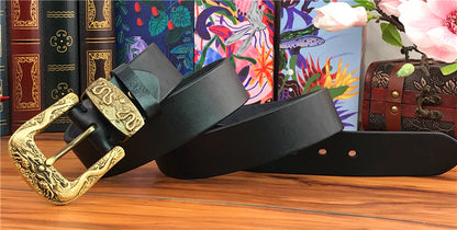Black / 95 cm Men's Brass Buckle Leather Belt - Chinese Dragon Design - skyjackerz