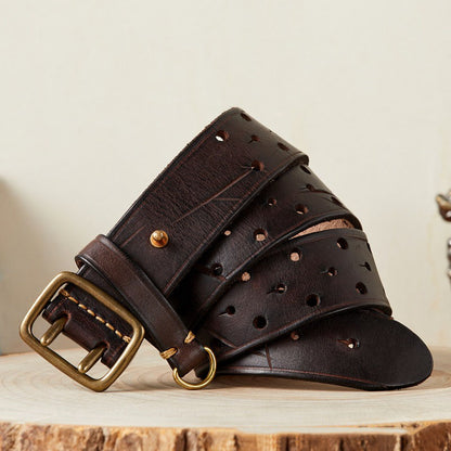Coffee / 105 cm Men's Designer Double Pin Leather Belt - skyjackerz