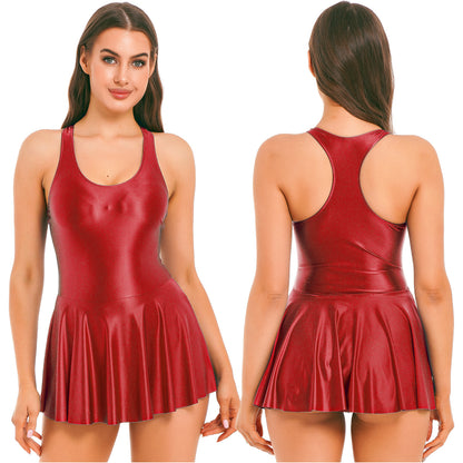 Burgundy / S Women Leather Leotard Party Dress - skyjackerz