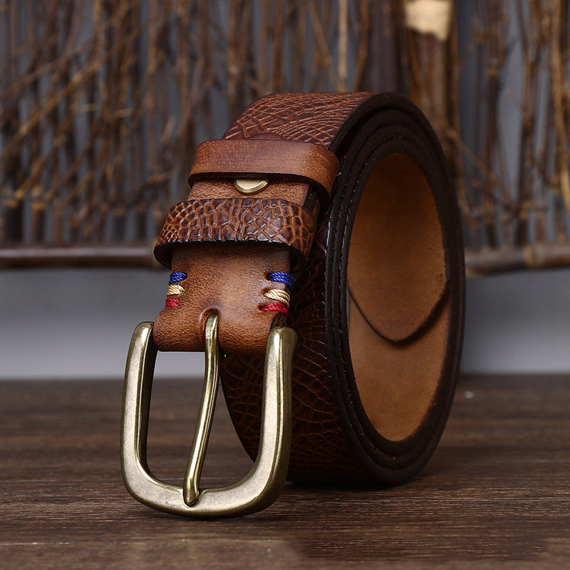 Red Brown / 105 cm Men's Designer Brass Buckle Leather Belt - skyjackerz