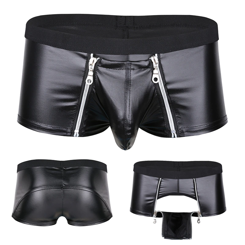 Black / M Men's Front Zipper Leather Boxers - skyjackerz