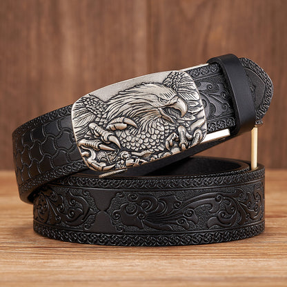 Gold - Black / 100 cm Men's Automatic Leather Belt with Eagle Alloy Buckle - skyjackerz