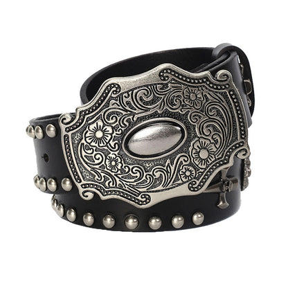 Black / 105 cm Men's Vintage Punk Style Leather Belt - skyjackerz