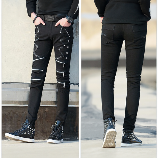 Black / 28 Men's Black Patchwork Leather Jeans - skyjackerz