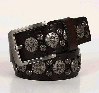 Coffee / 105 cm Men's Metal Rivet Cowboy Leather Belt - skyjackerz
