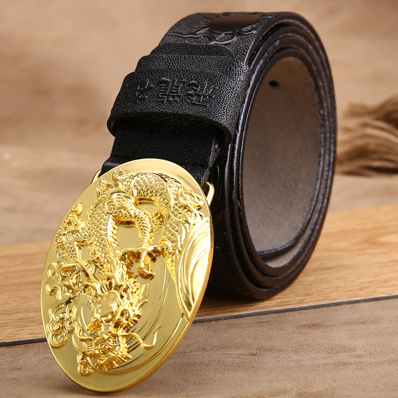 Gold Buckle - Black / 100 cm Chinese Dragon Handmade Leather Belt For Men - skyjackerz