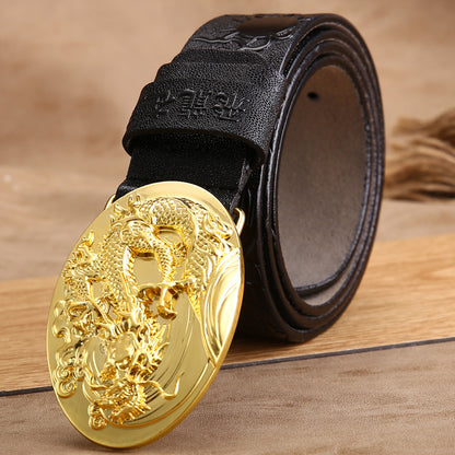 Gold Buckle - Black / 100 cm Handmade Leather Belt for Men - Chinese Dragon Design - skyjackerz