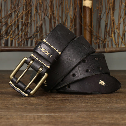Black / 105 cm Men's Exquisite Brass Buckle Leather Belt - skyjackerz