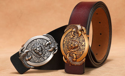 Gold - Black / 110 cm Exotic Lion Totem Alloy Buckle Leather Belt for Men - skyjackerz