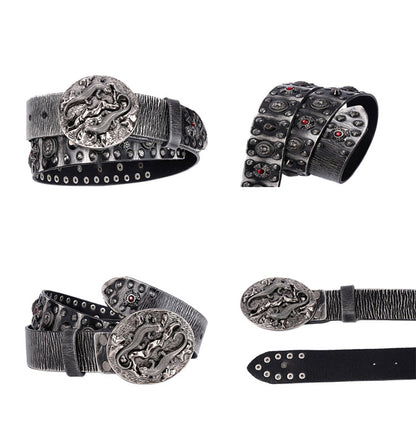 Black / 105 cm Men's Retro Designer Leather Belt with Rivets - skyjackerz