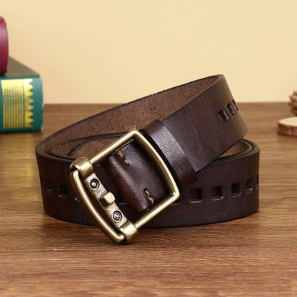 Brown / 105 cm Men's Vintage Brass Buckle Leather Belt - skyjackerz