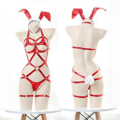 Red / One Size Women's Bunny Pajamas Leather Bodysuit - skyjackerz
