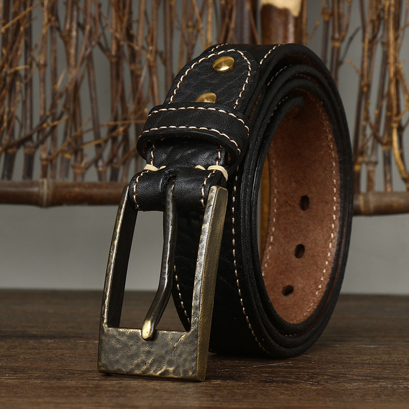 Black / 100 cm Designer Havey Brass Buckle Leather Belt For Men - skyjackerz