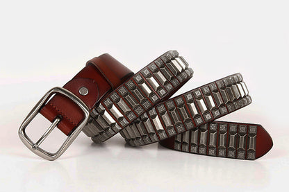 Red Brown / 105 cm Men's Heavy Metal Rivet Leather Belt - skyjackerz