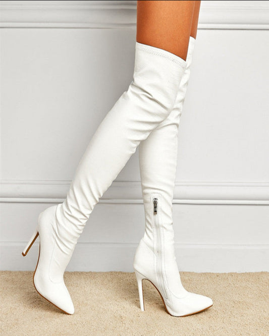 White / 34 Women's Snake Print Knee-High Boots - skyjackerz