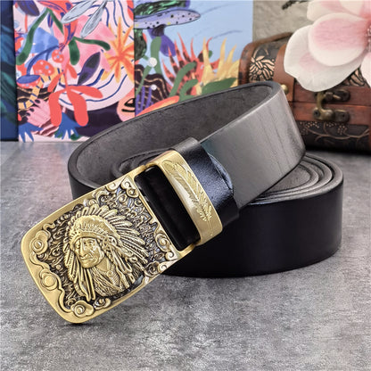 Yellow Brown / 95 cm Men's Cowboy Leather Belt with Brass Chief Buckle - skyjackerz