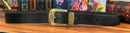 Black / 95 cm Men's Brass Buckle Leather Belt - Chinese Dragon Design - skyjackerz