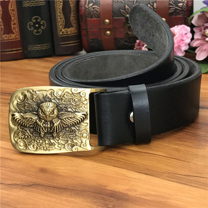Yellow Brown / 105 cm Vintage Leather Belt for Men with Brass Owl Buckle - skyjackerz